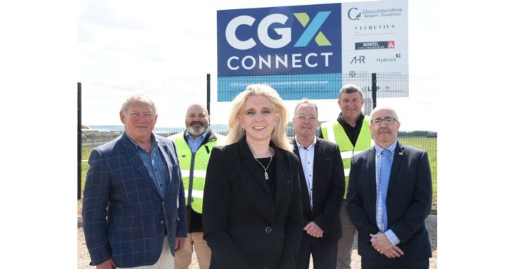 Councillor Iain Dobie, Mark Price of Vitruvius Management Services, Karen Taylor of Gloucestershire Airport, Councillor Richard Cook of Gloucester City Council, Simon Turbutt of Montel Civil Engineering and Neil Hopwood of GFirst LEP mark a significant milestone for the CGX Connect project.